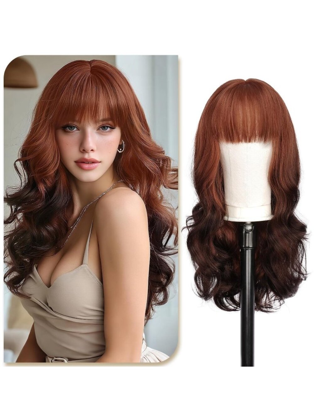 24 Inch Women's Auburn to Black Ombre Highlights Natural Looking Synthetic Wigs